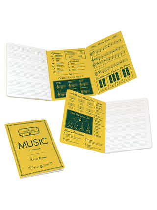 A notebook that looks like sheet music, with a yellow cover and white pages.