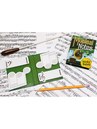 Two music notes sticky notes, with sheet music in the background, a conducting baton above, and a pencil below.