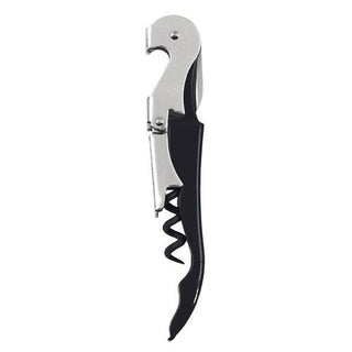 A side view of the exclusive black stainless steel Ravinia Bottle Opener shows its double-hinged arm and five-turn worm & foil cutter.  