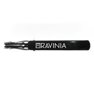 An overview of the black and stainless steel Ravinia corkscrew, with the Ravinia logo visible.