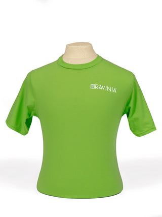 A lime green t-shirt on a male mannequin torso with a white Ravinia logo and lettering on the left side of the chest.