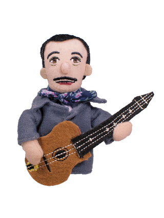 A finger puppet depicting jazz musician Django Reinhardt holding a guitar, wearing his signature scarf.