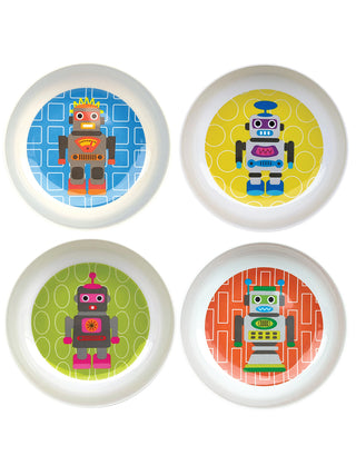 Four different colored robot-themed plates, in two rows, for a total of four.