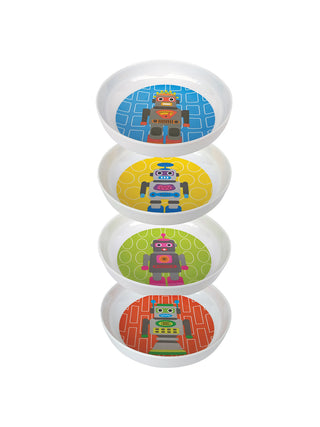 A stack of four-robot themed plates, all in different colors with different robots on them.