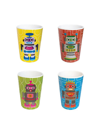 Two rows of two robot-themed cups in different colors, for a total of four cups.