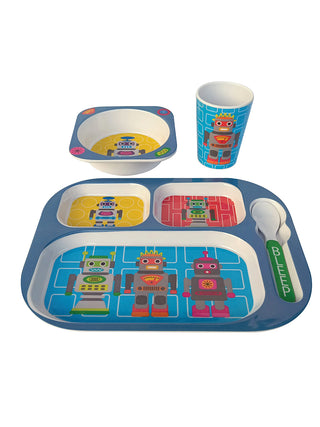 A bowl, cup, and plate with three compartments and a spoon, all with retro robot designs.