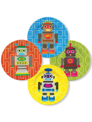 Four different robot-themed plates, all in different colors.
