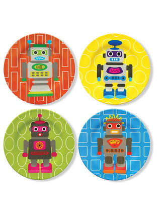 Two rows of two robot-themed plates, for a total of 4, all in different colors.