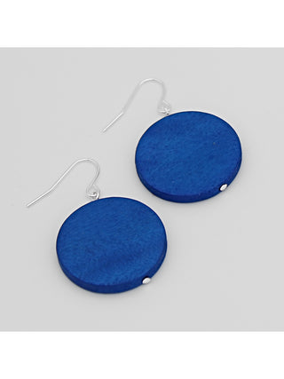 A simple cobalt-colored wood bead hangs from a silver plated French hook.
