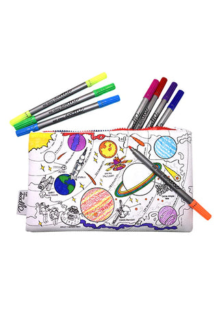 A space themed pencil case with planets visible, partially colored in, with colored markers spread out around it.