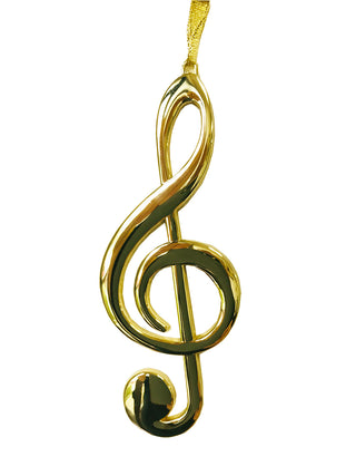 A shiny, gold-toned treble clef, with a gold cord for hanging.