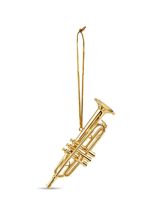 An ornament that looks exactly like a gold trumpet, complete with a gold cord for hanging.