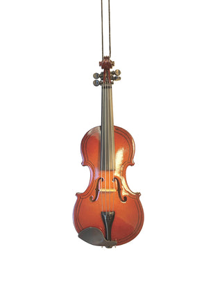 An ornament that looks exactly like a violin, with a cord for hanging.