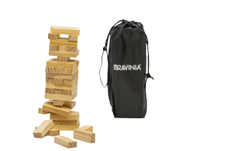 A video of a tower of wooden blocks falling next to a standing black drawstring bag with the word RAVINIA  on it.