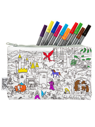 A white zippered bag with partially colored fairy tale scenes on it, and several colored markers sticking out the top.