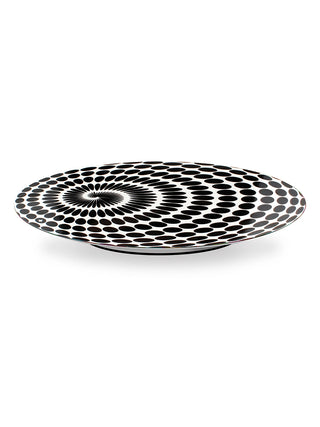 A round lazy susan with a black and white dot pattern.