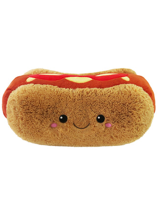 A plush, smiling hot dog with ketchup and mustard on it.