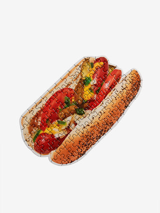 A puzzle of a chicago style hot dog.