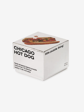 A while box with the words CHICAGO HOT DOG  on its side, and the image of a Chicago hot dog on its top.
