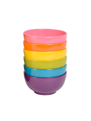 A stack of six different colored bowls.
