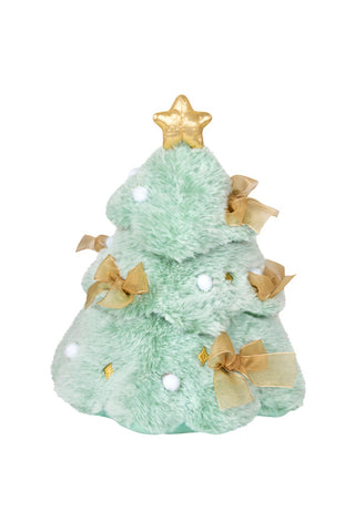The back of a smiling, plush mini Christmas tree with a star on top.