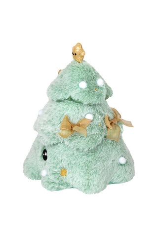 Side view of a plush mini Christmas tree with a smiling star on top.